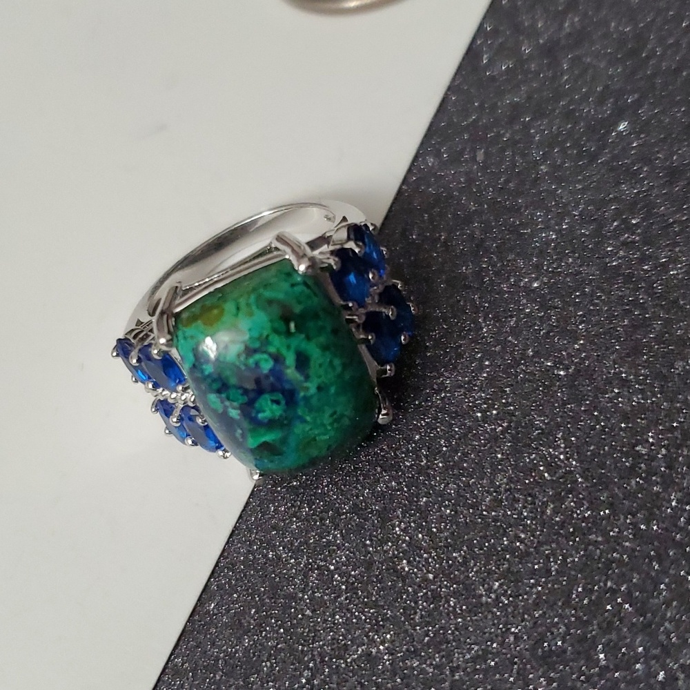 Sterling Silver 925 Azurite Malachite & Sapphire Ring Earthly Elegance - Picture 5 of 8